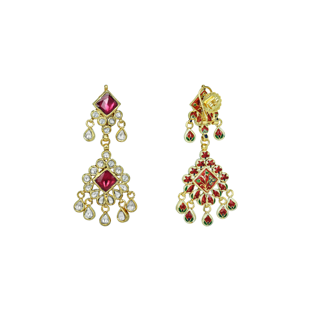 Ruby Square Chandelier Earrings with Polki Diamonds